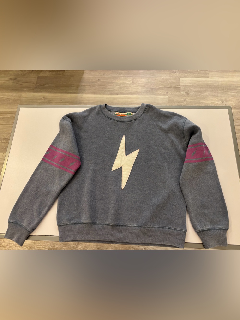 Vintage Havana Gray Crewneck Sweatshirt with Cream Bolt and Pink Sleeve Stripes